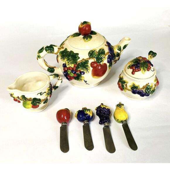VTG Ceramic Harvest Teapot Set with Sugar Creamer Holder Spreading Knives - Picture 1 of 7